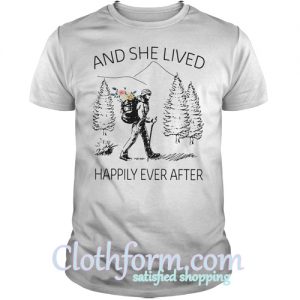 Girl backpacking sketches and she lived happily ever after shirt