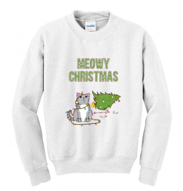 Meowy Christmas Cat Knocked Over Christmas Tree Sweatshirt SN