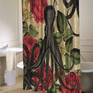 Octopus Rose Red Roses Green Leaves Gray Tentacles Kraken shower curtain SN