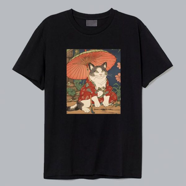 Adorable Geisha Cat With Parasol Tshirt