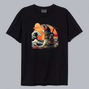 Retro samurai Cat With Wave T shirt